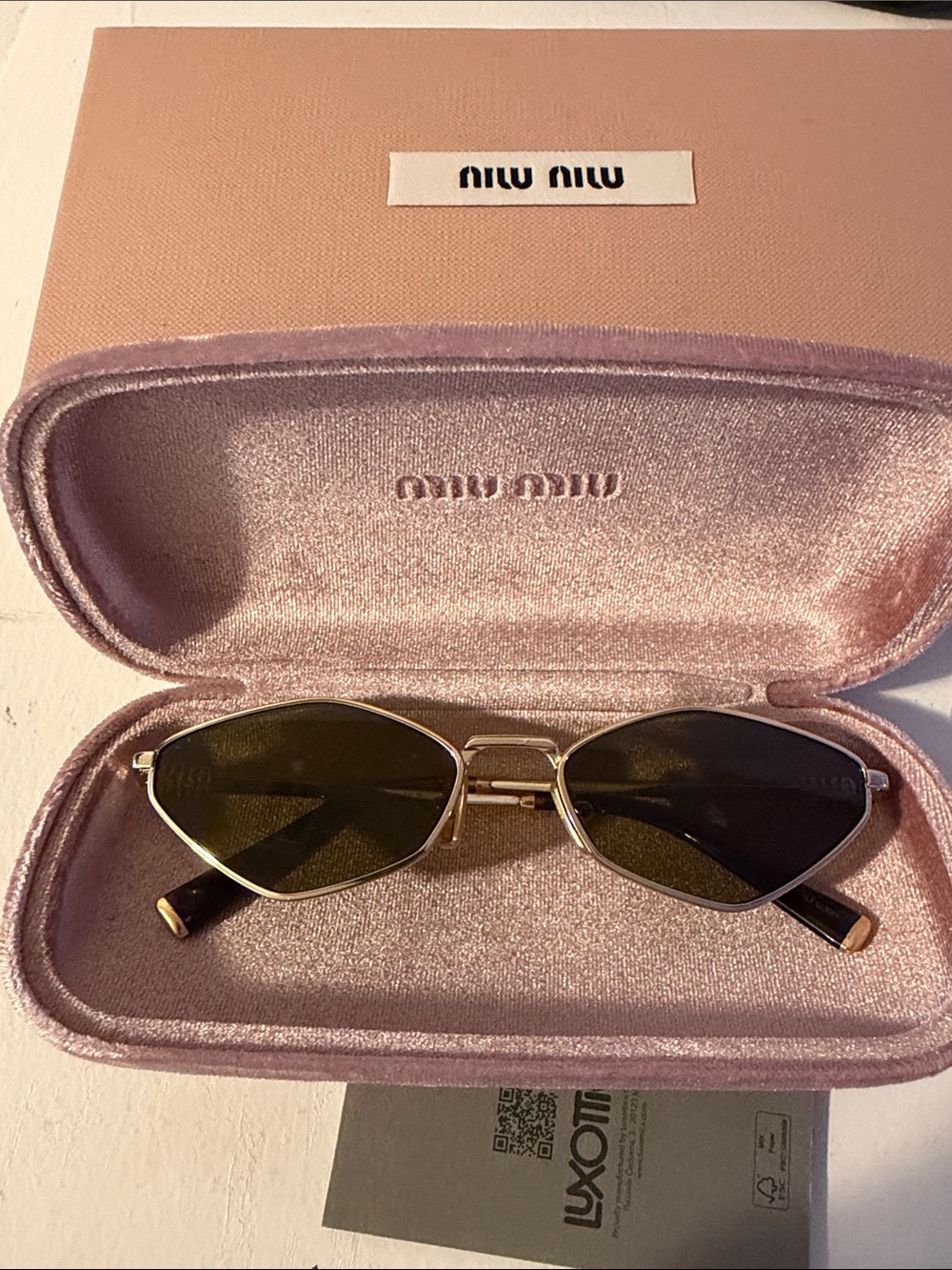 Miu Miu Gold Frame Olive Lens Sunglasses with Tortoiseshell Temples